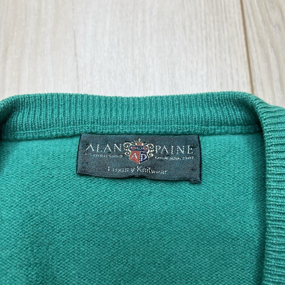 Alan Paine Mens 100% Lambswool V-Neck Sweater Green Mens Size XLEngland - Picture 10 of 11